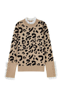 Brown Leopard Pattern Lace Trim Ribbed Detail Button Cuffed Sweater