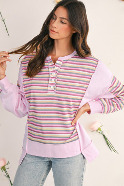 Pink Striped Patchwork Button V Neck Pullover Sweatshirt