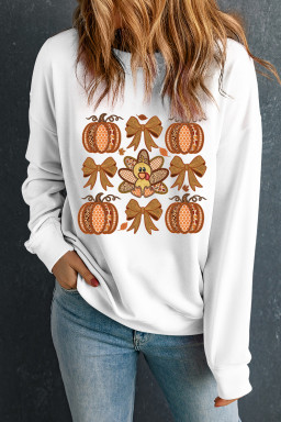 White Cute Turkey Fall Pumpkin Bow Heat Transfer Printing Drop Shoulder Sweatshirt