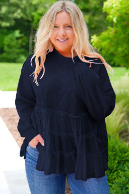 Navy Blue Frill Tiered Patchwork Ribbed Trim Flowy Plus Size Top
