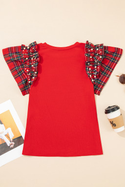 Racing Red Pearl Plaid Ruffle Sleeve Loose T Shirt