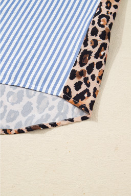 Sky Blue Contrast Leopard and Stripes Button Up Shirt