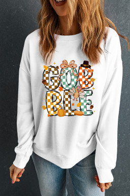 White GOBBLE Checkered Letter Turkey Graphic Heat Transfer Printing Thanksgiving Sweatshirt