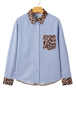 Sky Blue Contrast Leopard and Stripes Button Up Shirt