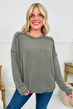 Green Bay Twisted Rib Exposed Seam Detail Long Sleeve Loose Top