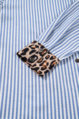 Sky Blue Contrast Leopard and Stripes Button Up Shirt