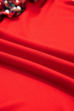 Racing Red Pearl Plaid Ruffle Sleeve Loose T Shirt