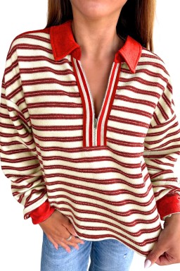 Racing Red Pop of Color V Neck Striped Long Sleeve Top