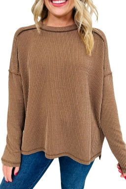Dark Khaki Twisted Rib Exposed Seam Detail Long Sleeve Loose Top