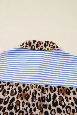 Sky Blue Contrast Leopard and Stripes Button Up Shirt