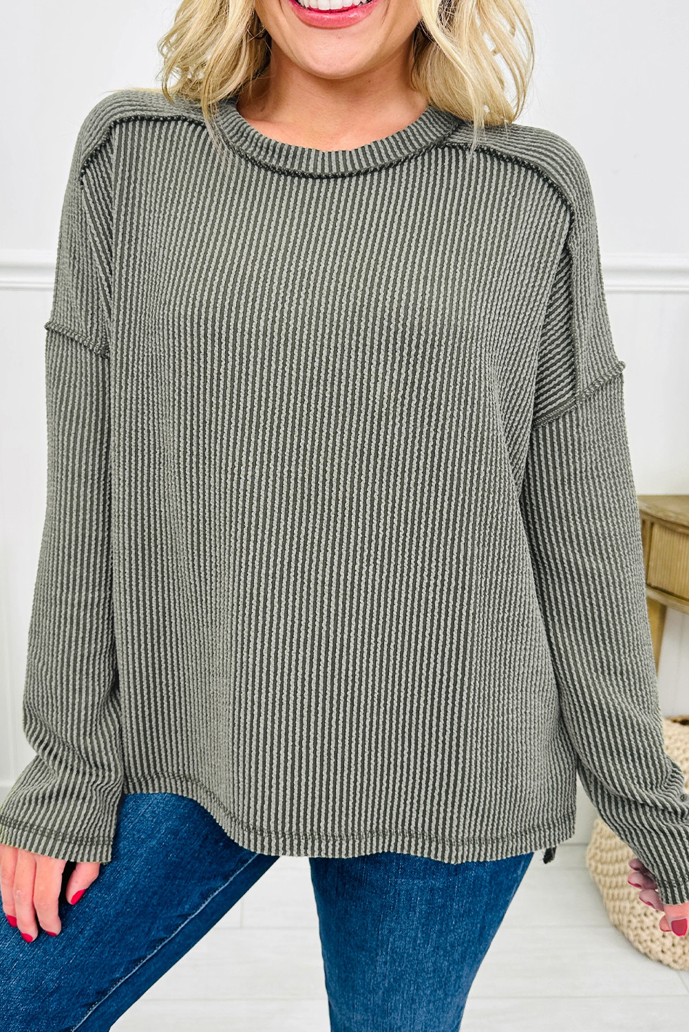 Green Bay Twisted Rib Exposed Seam Detail Long Sleeve Loose Top