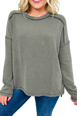 Green Bay Twisted Rib Exposed Seam Detail Long Sleeve Loose Top