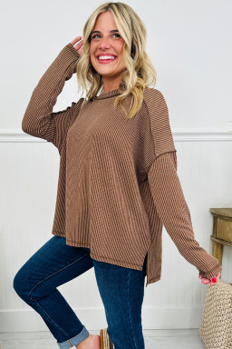 Dark Khaki Twisted Rib Exposed Seam Detail Long Sleeve Loose Top