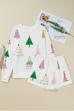 White Christmas Tree Long Sleeve Top and Shorts Pajama Set