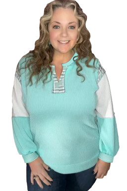 Aruba Blue Twist Ribbed Colorblock Plaid Patchwork Plus Size Top