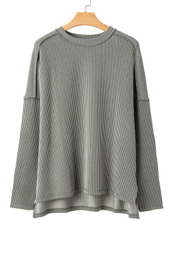 Green Bay Twisted Rib Exposed Seam Detail Long Sleeve Loose Top