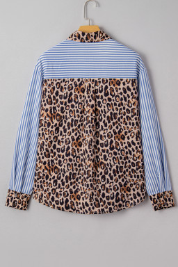 Sky Blue Contrast Leopard and Stripes Button Up Shirt