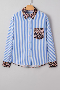 Sky Blue Contrast Leopard and Stripes Button Up Shirt
