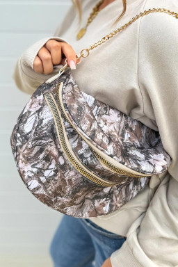 Medium Grey Abstract Camo Print Gold Chain Crossbody Bag