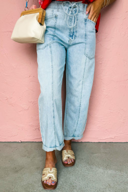 Myosotis Exposed Stitch Detail Drawstring Barrel Jeans