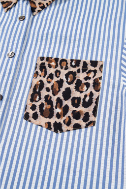 Sky Blue Contrast Leopard and Stripes Button Up Shirt