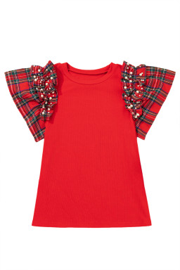 Racing Red Pearl Plaid Ruffle Sleeve Loose T Shirt