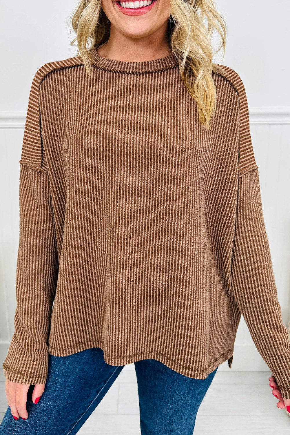 Dark Khaki Twisted Rib Exposed Seam Detail Long Sleeve Loose Top