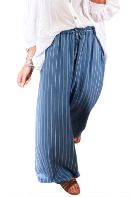 Blue Stripe Chambray Wide Leg Tied Elastic Waist Trousers