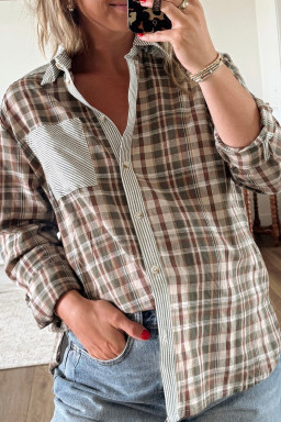 Brown Plaid Striped Patchwork Long Sleeve Shirt