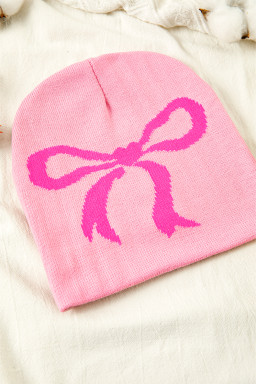 Pink Bow Print Knitted Beanie Hat