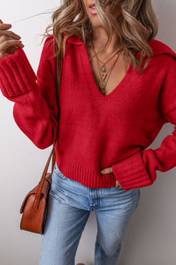 Racing Red Ribbed Edge Collared V Neck Loose Fit Sweater
