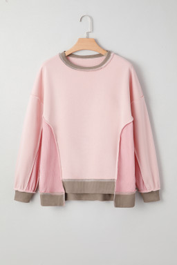 Light Pink Colorblock Waffle Patchwork Oversize Sweatshirt