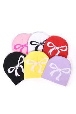 Pink Bow Print Knitted Beanie Hat