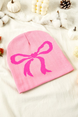 Pink Bow Print Knitted Beanie Hat