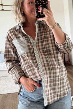 Brown Plaid Striped Patchwork Long Sleeve Shirt