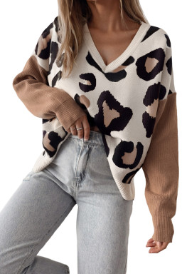 Jet Stream Leopard Print Colorblock Patchwork Sleeve V Neck Sweater