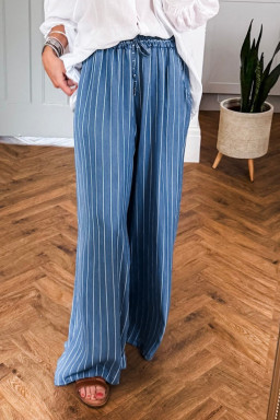 Blue Stripe Chambray Wide Leg Tied Elastic Waist Trousers