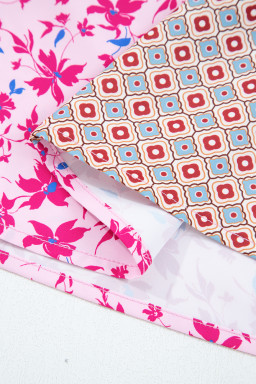 Pink Boho Mixed Floral Patchwork Drop Shoulder Bubble Sleeve Blouse