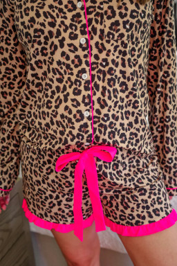 Light French Beige Leopard Ruffle Long Sleeve Pajama Set