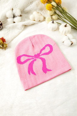 Pink Bow Print Knitted Beanie Hat