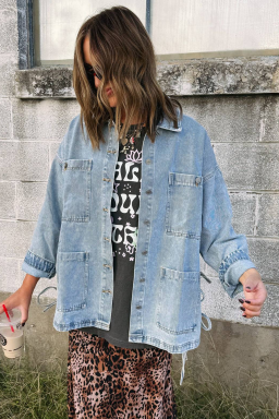 Beau Blue Multi Patched Pockets Side Tie up Boyfriend Style Denim Jacket