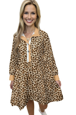 Khaki Leopard Print Patchwork Collar Flowy Mini Dress