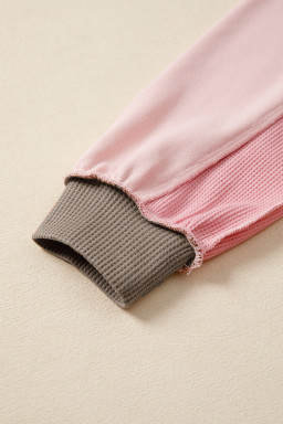 Light Pink Colorblock Waffle Patchwork Oversize Sweatshirt