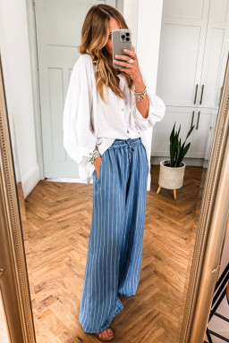 Blue Stripe Chambray Wide Leg Tied Elastic Waist Trousers