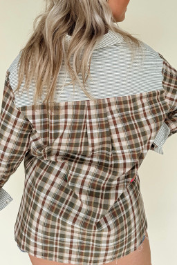Brown Plaid Striped Patchwork Long Sleeve Shirt