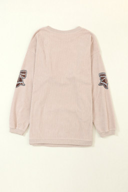 Apricot Game Day Bow Sequins Patch Corded Oversized Sweatshirt