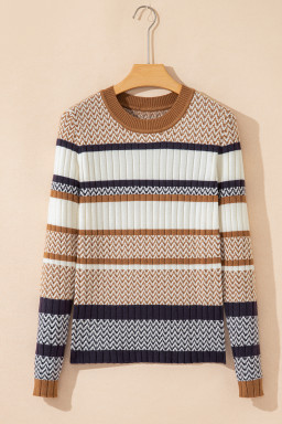 Brown Stripe Chevron Pattern Knitted Ribbed Trim Slim Fit Sweater