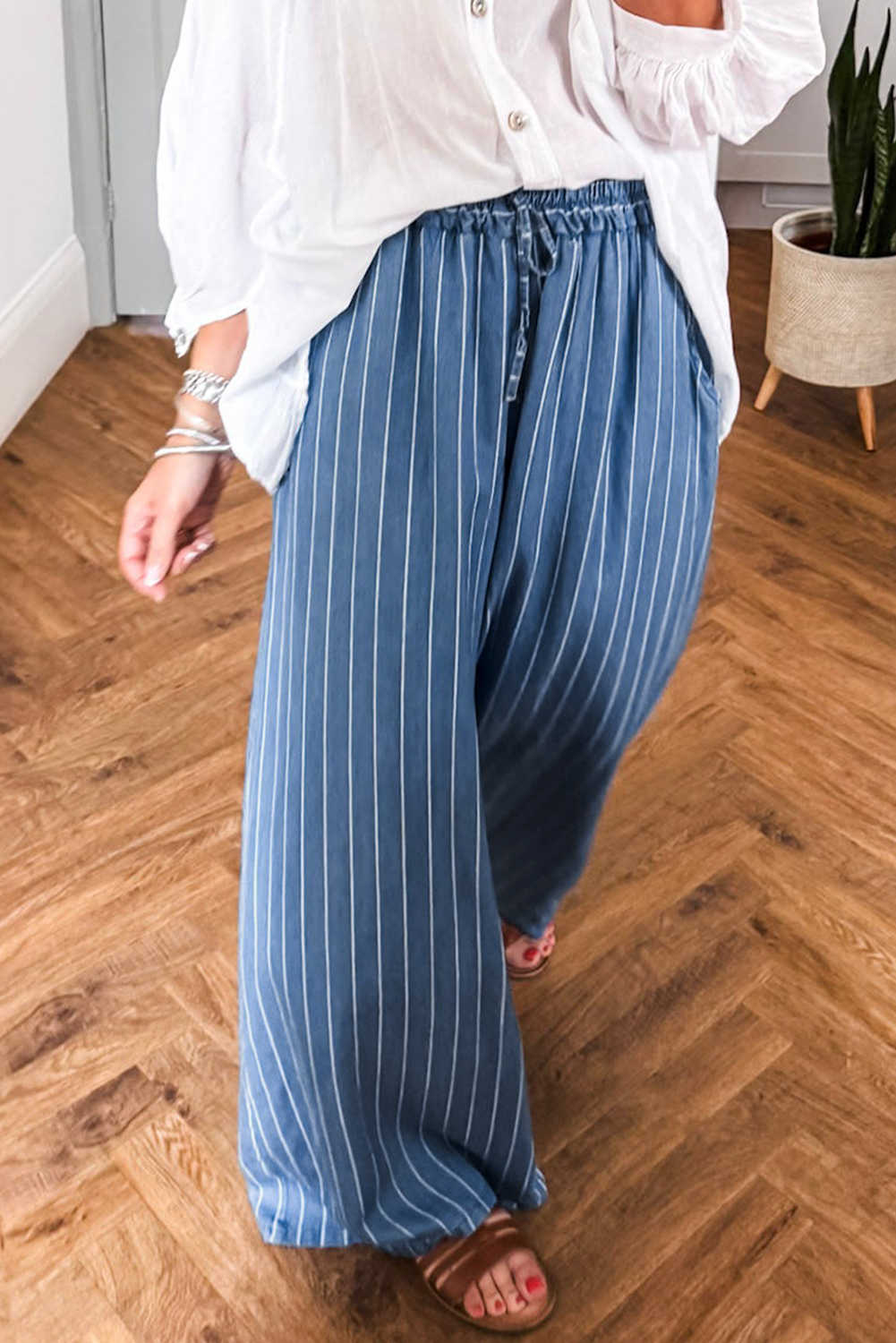 Blue Stripe Chambray Wide Leg Tied Elastic Waist Trousers