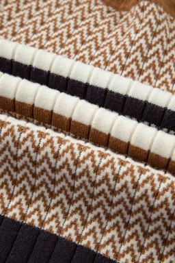 Brown Stripe Chevron Pattern Knitted Ribbed Trim Slim Fit Sweater