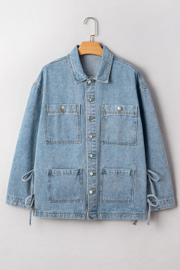 Beau Blue Multi Patched Pockets Side Tie up Boyfriend Style Denim Jacket
